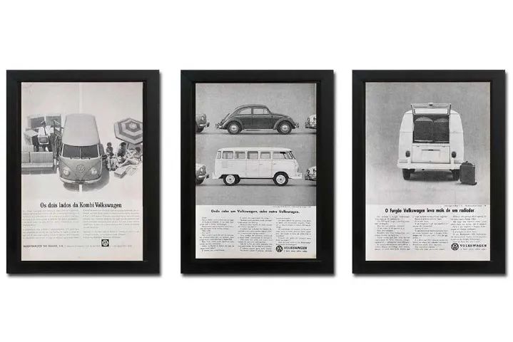 Kombi corujinha - Kit de 3 quadros decorativos com propaganda original de revista