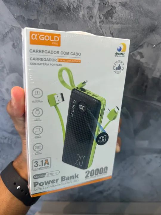 Carregador Agold BTE-10 usb powerbank,portátil com cabo carregamento rápido