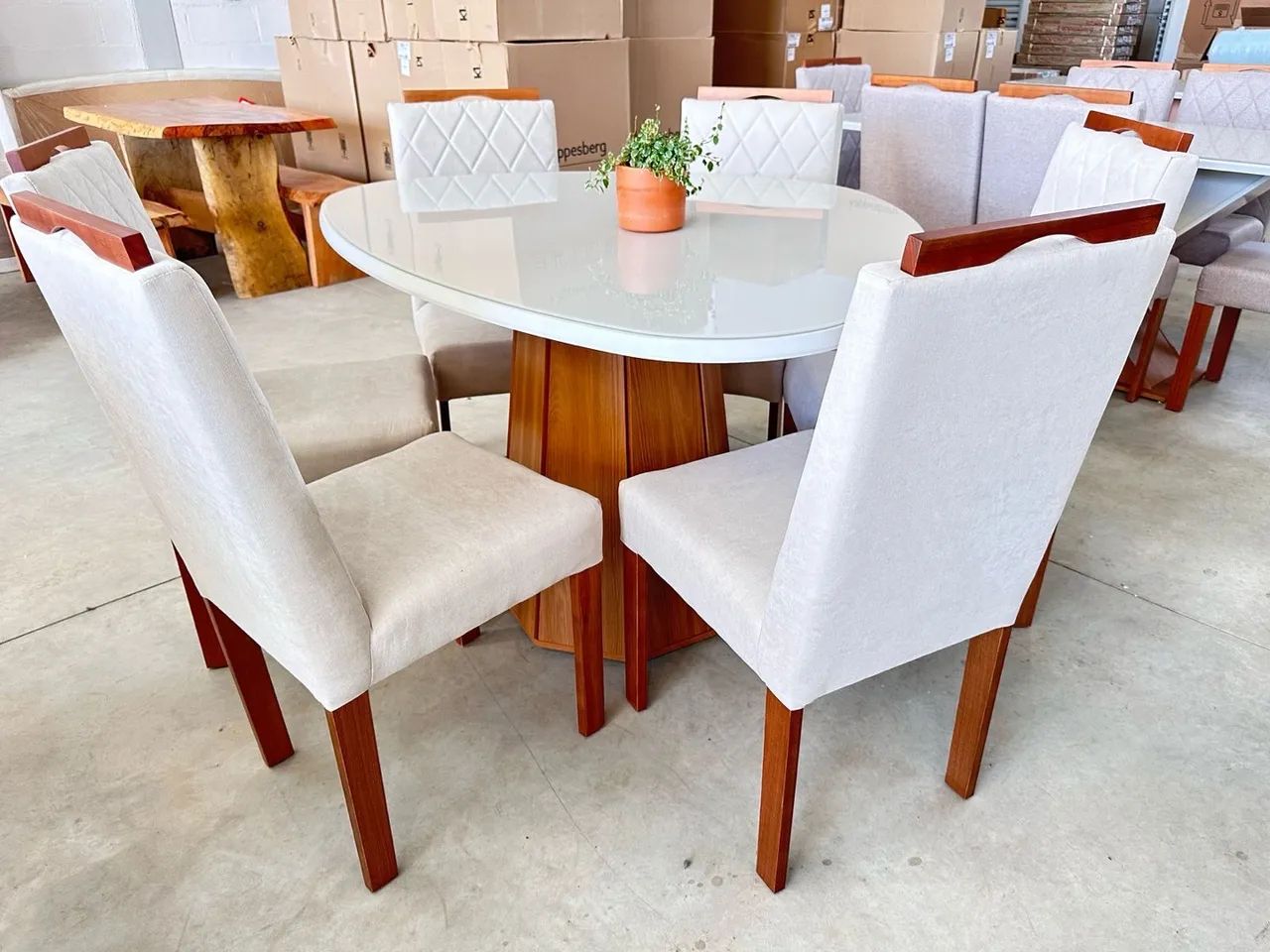 Mesa de Jantar Orgânica 135x1 tampo de Vidro com 5 Cadeiras 