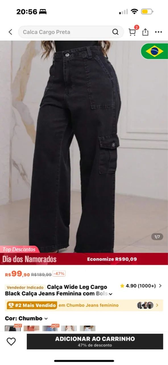 Calça Cargo Wide Leg Jeans Feminina