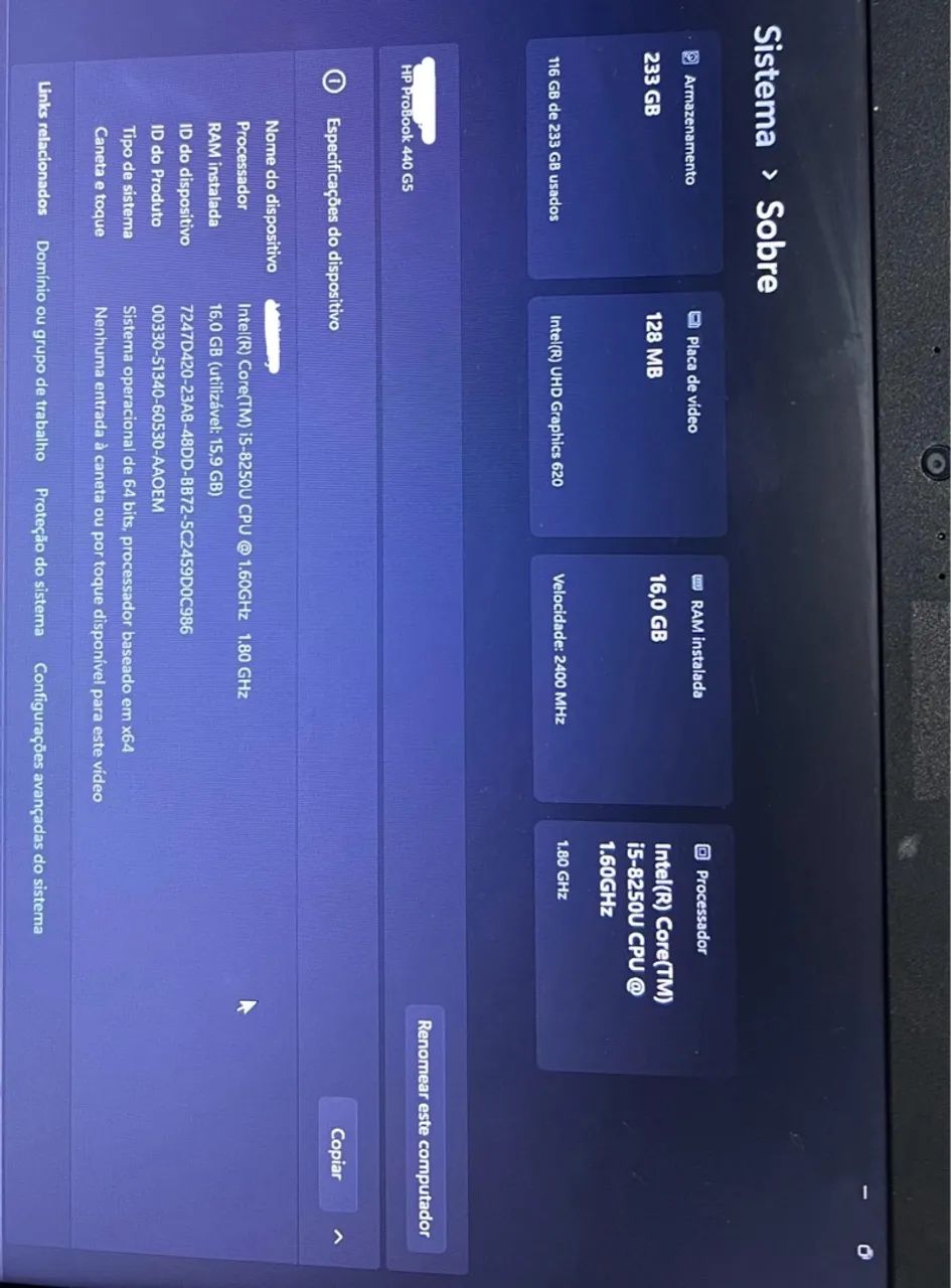Notebook HP ProBook 440 G5 - Intel Core i5 - 16GB RAM - 233GB SSD
