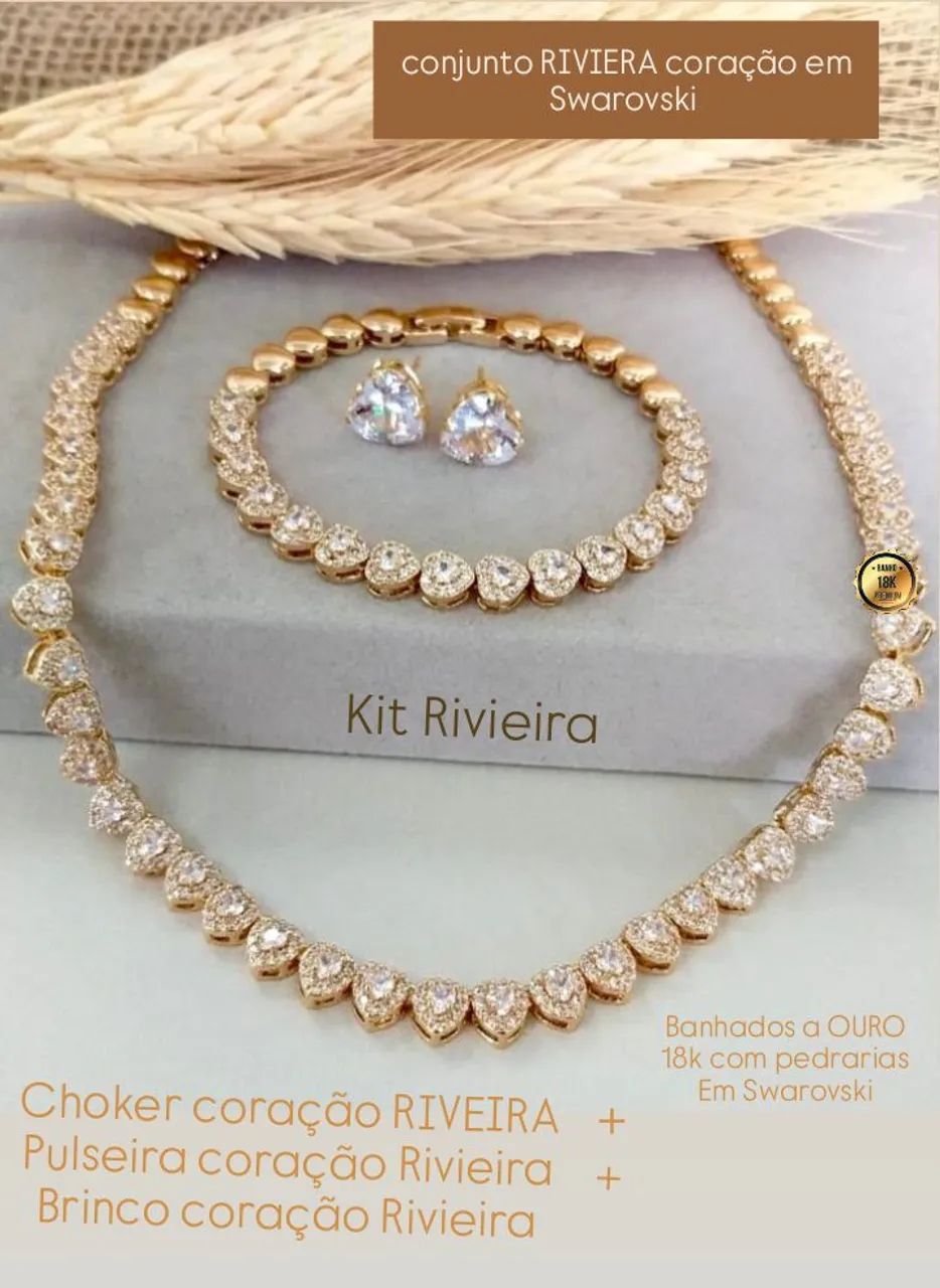 Kit Riviera Coração Swarovski Banho Ouro 18k