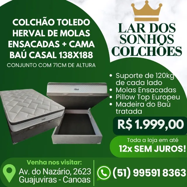 CAMA BAÚ CASAL + COLCHÃO TOLEDO HERVAL MOLAS ENSACADAS