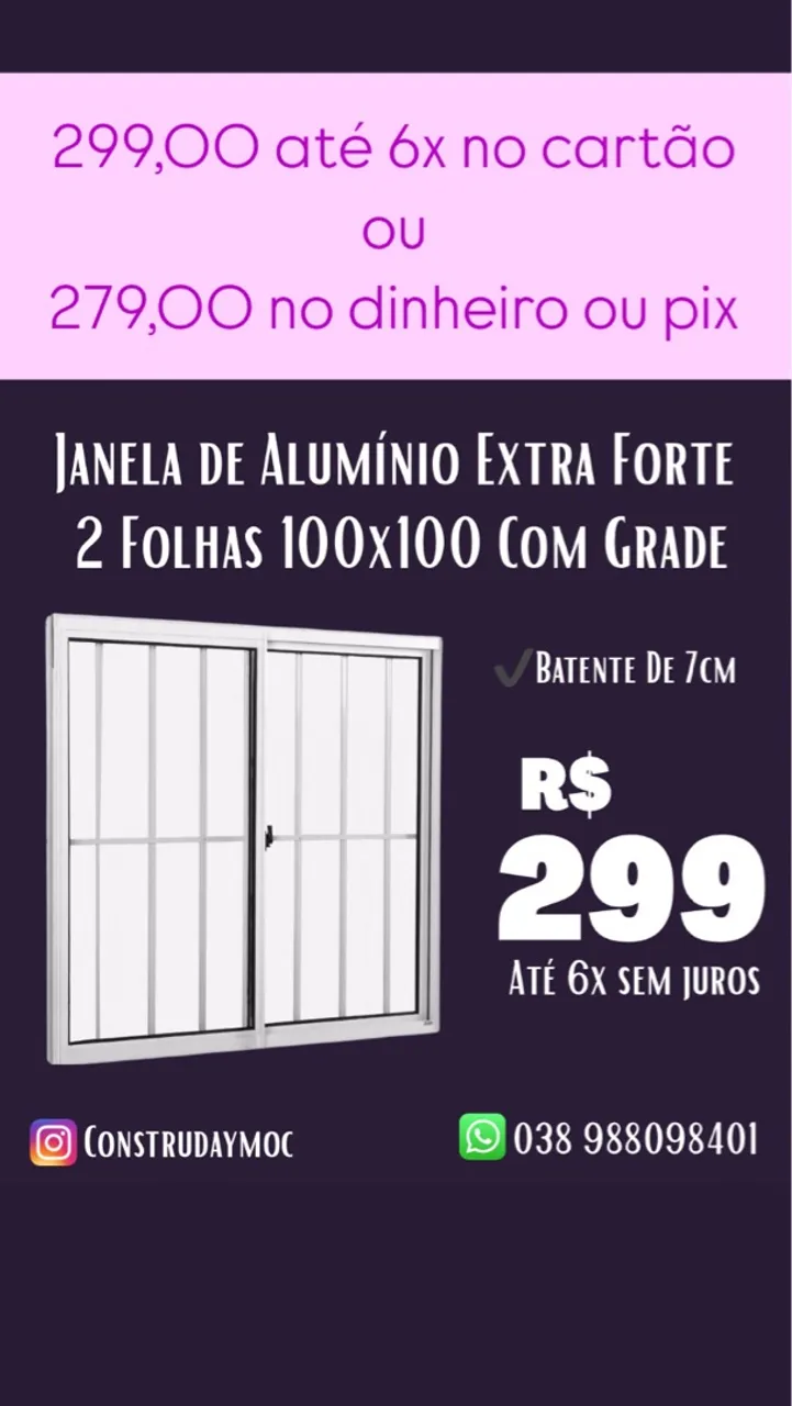 Janela de Alumínio 2 Folhas 100x100 Extra Forte Com Grade