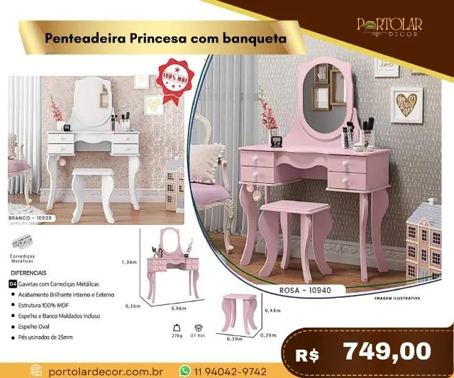 Penteadeira Princesa com Banqueta, a pronta entrega 