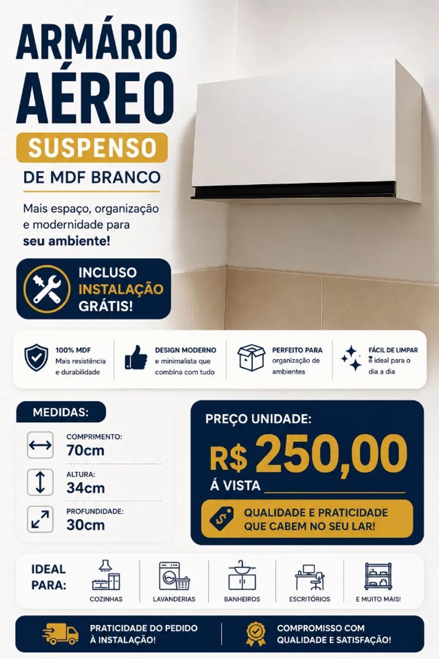 Armário Aéreo MDF Branco Direto da Fábrica com Instalação