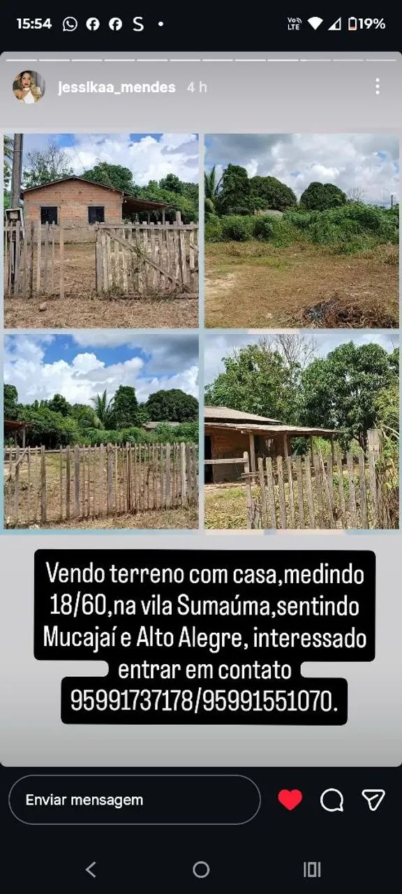 Vendo terreno Na vila Sumaúma. Município d Alto Alegre e Mucajaí 