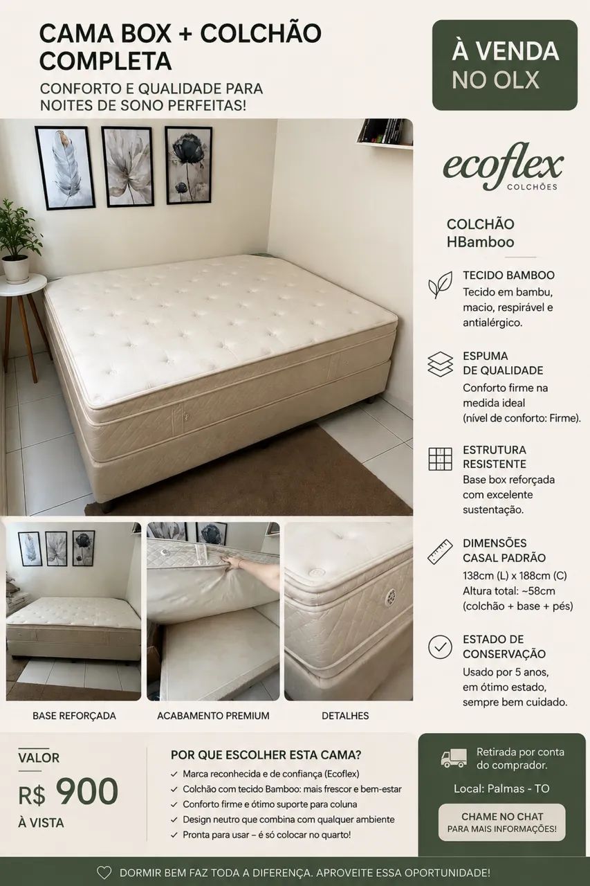 Cama Box Casal Ecoflex + Colchão - 900 reais 