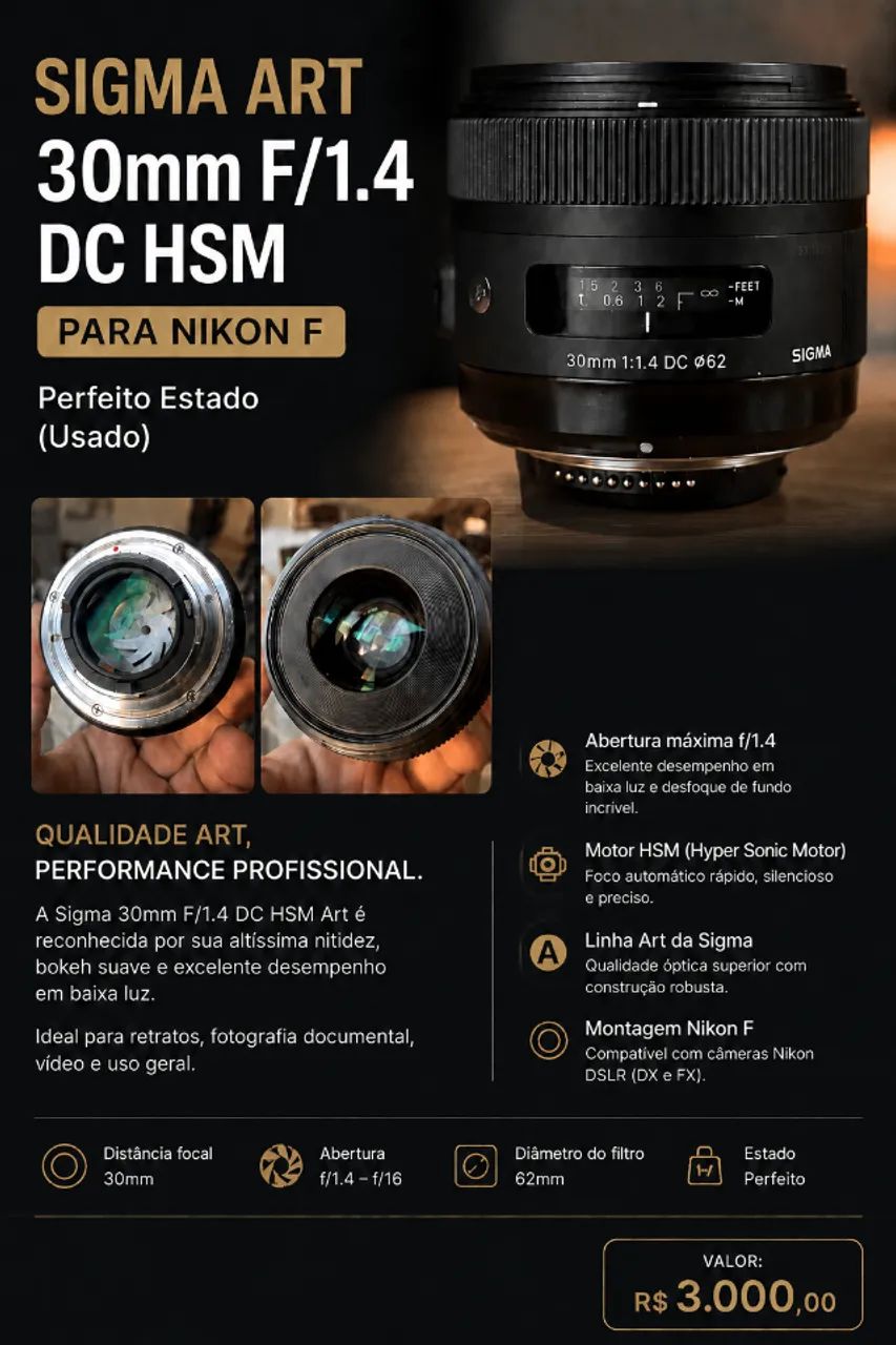 美品 シグマ Art 30mm 1.4 DC HSM EF CANON H170 Lente sigma ART 30mm 1.4 para nikon - Acessórios para Câmeras e