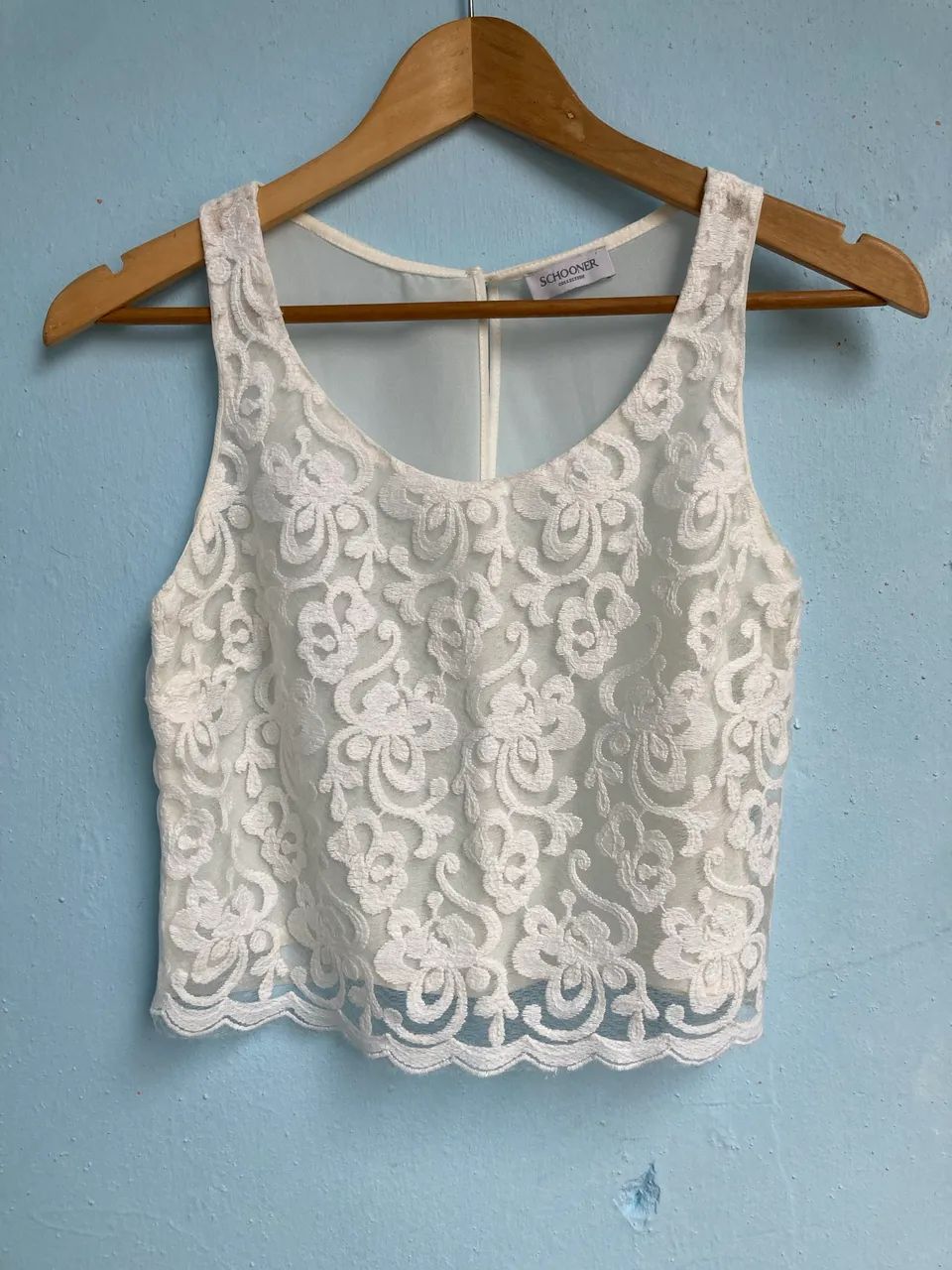 Cropped Branco Feminino com Renda, Tam P