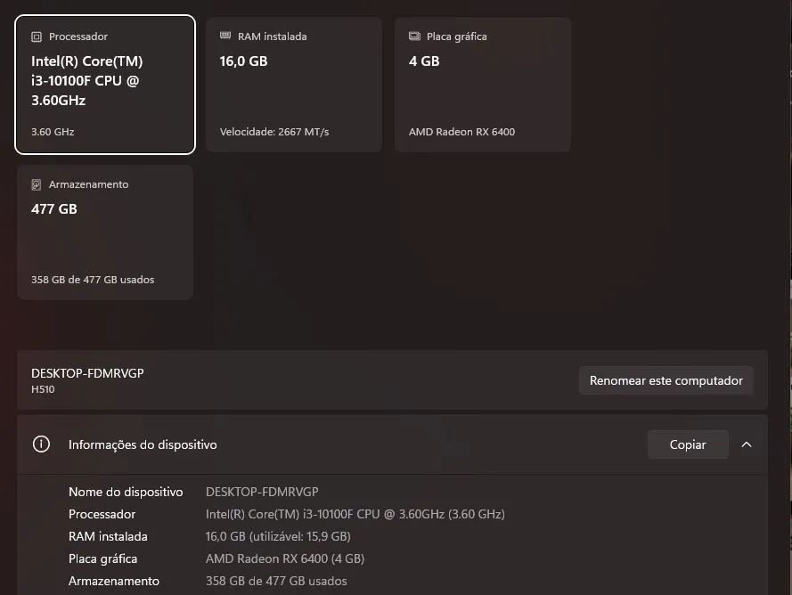 PC i3 10100f 3.60ghz / 16gm de ram / rx6400