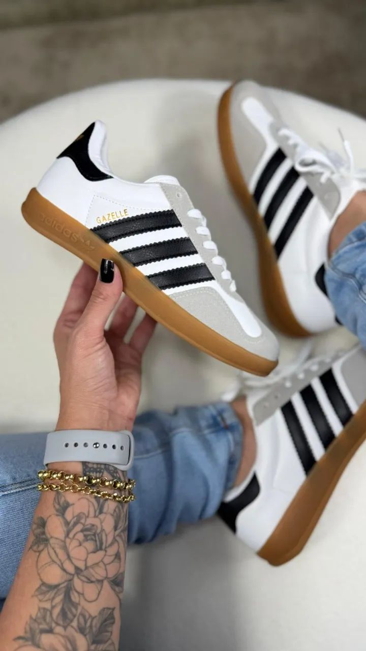 Tênis Adidas Gazelle Camurça Cor: Branco/Preto Solado Emborrachado Feminino (Foto Real)