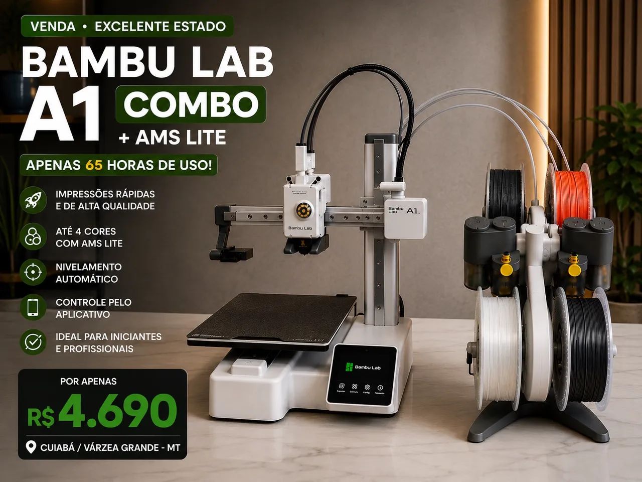  BAMBU LAB A1 COMBO + AMS LITE - APENAS 65 HORAS DE USO