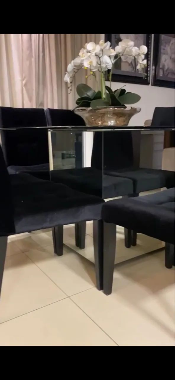 Mesa de Jantar de Vidro com Base Espelhada +8 Cadeiras Estofadas - Foto 2