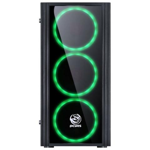 Gabinete Gamer PcYes Saturn Preto Acrílico LED verde ? com 3 fans de Led verde 120mm - Foto 2
