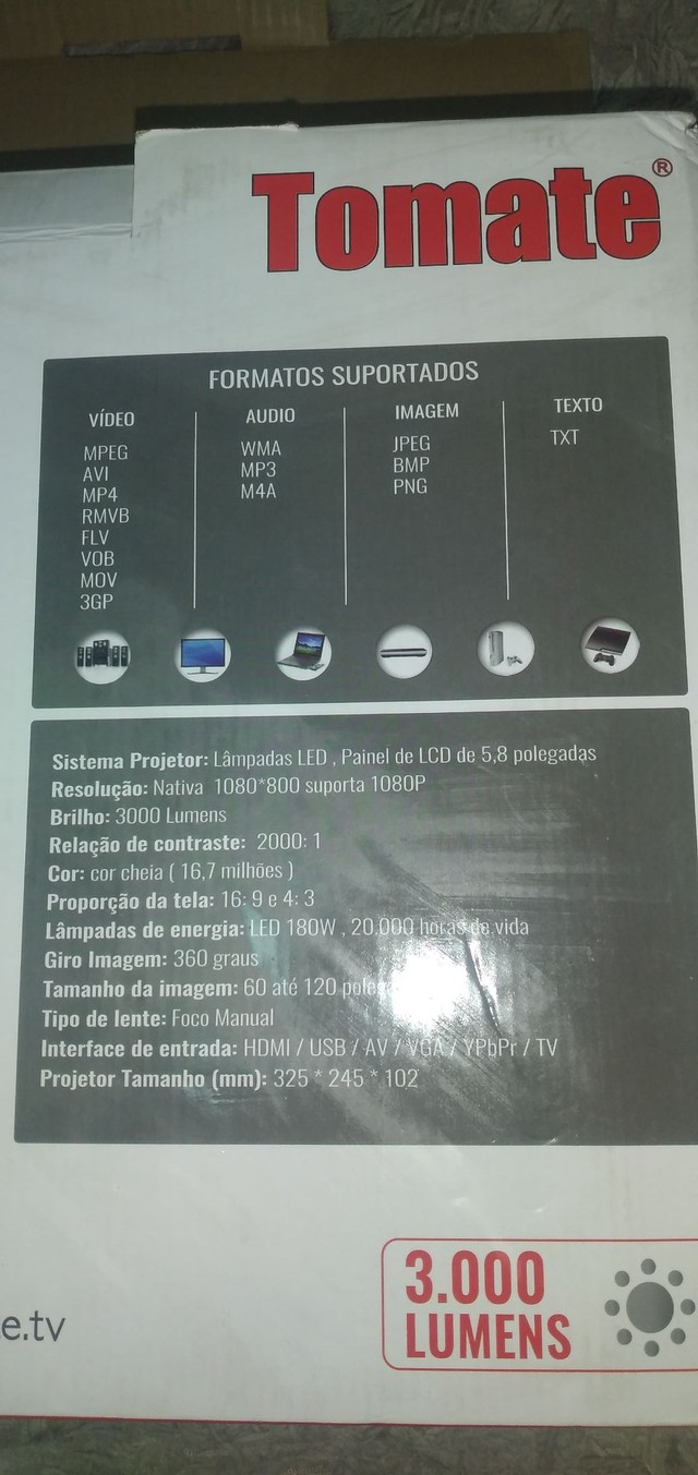 Projetor Tomate Home Cinema Mpr-2002 3000 Lumens 110V/220V<br><br><br>
