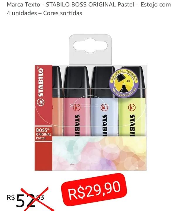 Marcador de Texto, Stabilo Boss Pastel, 76.4701, Estojo com 4 Unidades, Multicor