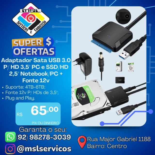 Adaptador SATA USB 3.0 P/ HD 3,5? + SSD/HD 2,5? | Acompanha Fonte 12V | Super Rápido e Prá