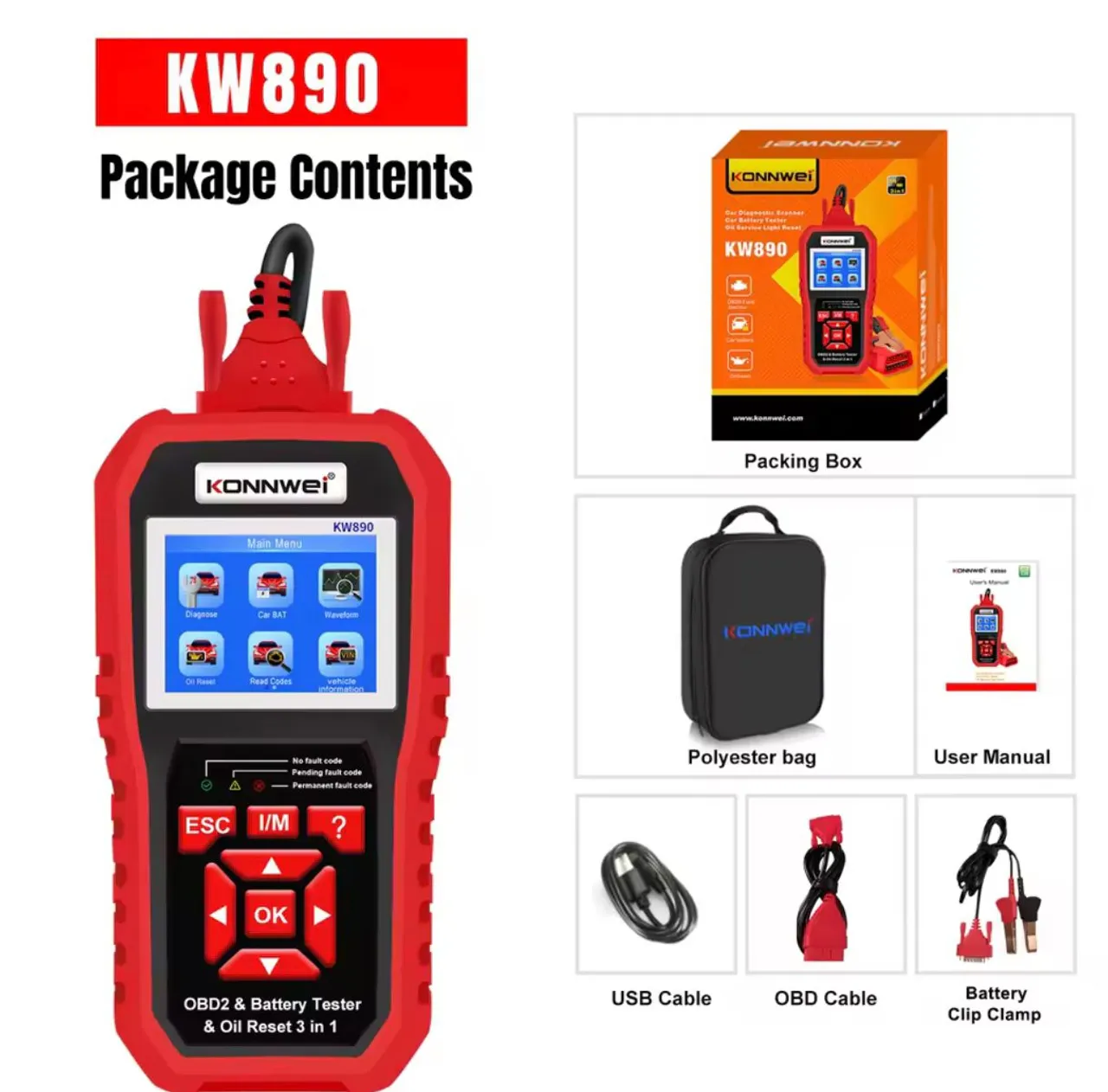 Testador de baterias profissional KONNWEI-Car Kw890 12V