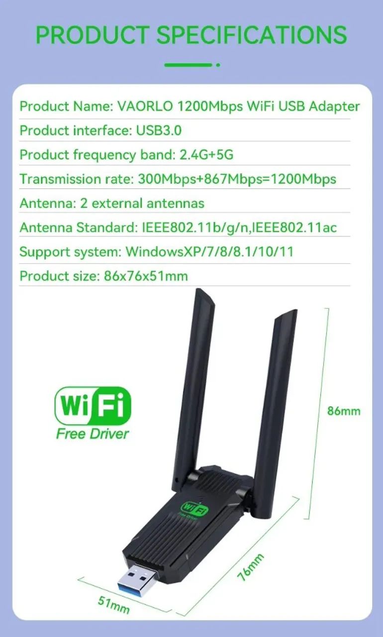 Adaptador USB WiFi Wireless 1200Mbps Dual Antena - Foto 3
