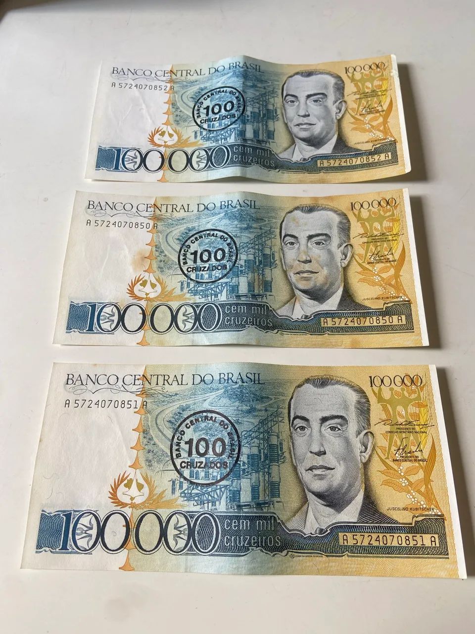 3 cédulas de 100 mil Cruzeiros - Juscelino Kubitscheck
