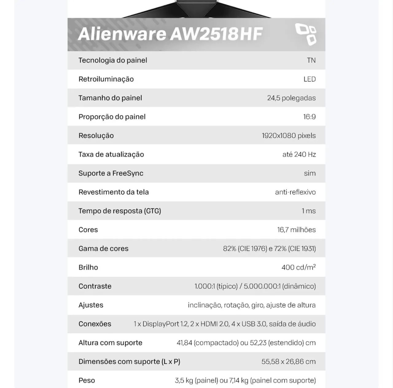 Monitor Alienware AW2518HF  - Foto 3