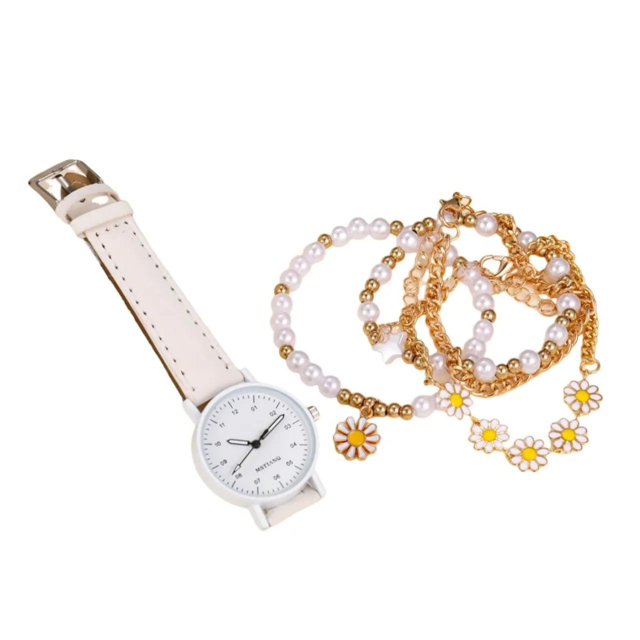 Combo Relógio Feminino Branco + 4 Pulseiras Casual - Beleza e Estilo com Pérolas  - Foto 4