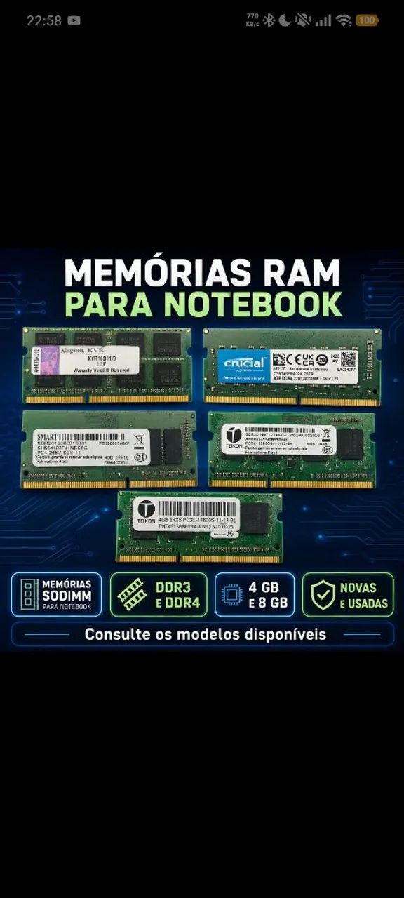 Memórias Notebook - DDR3 E DDR4, NOVAS E USADAS 