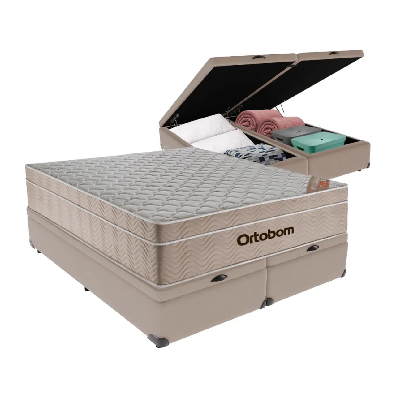 Cama Box Baú Bipartido Casal Bege e Colchão Airtech Springpocket