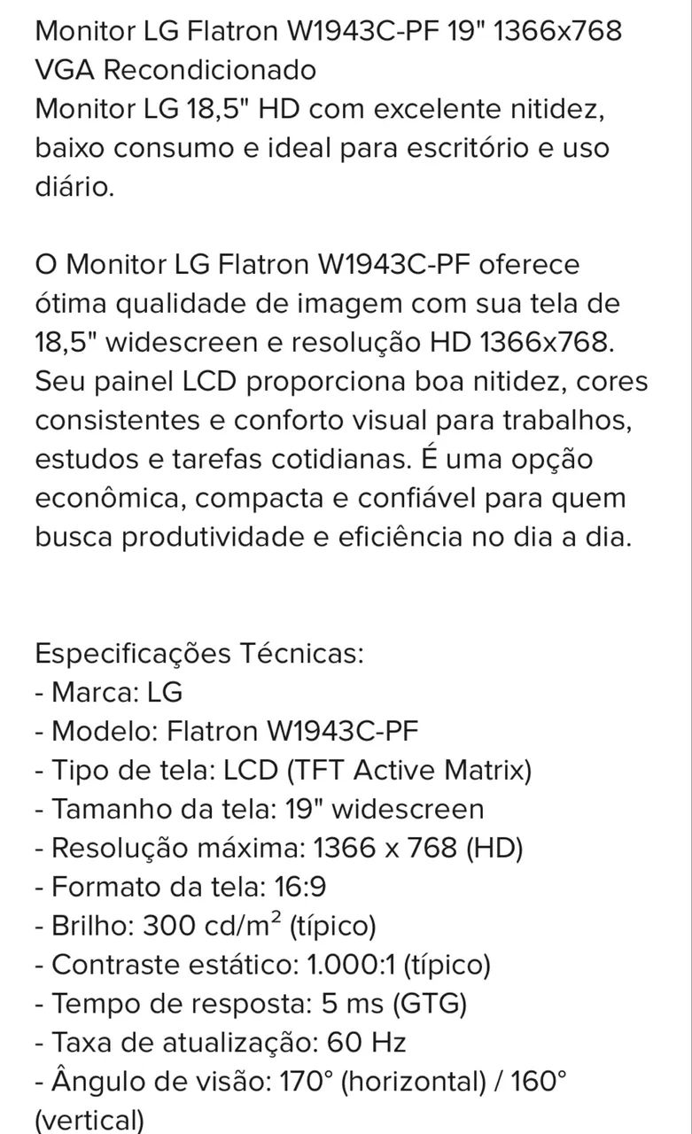Monitor Tela LCD Lg Flatron W1943c Ótimo Estado Preto 127/220v  - Foto 5
