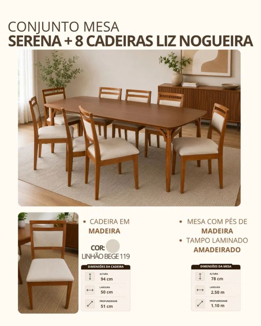 CONJUNTO MESA SERENA + 8 CADEIRAS LIZ 
