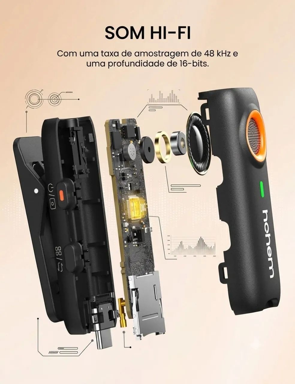Microfone sem fio profissional, Hohem MIC-01 (Caixa aberta) - Foto 5