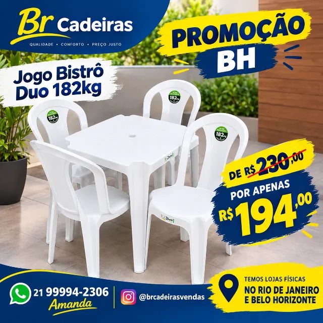 JOGO DE MESA C/ 4 CADEIRAS 182KG BISTRÔ DE PLÁSTICO 