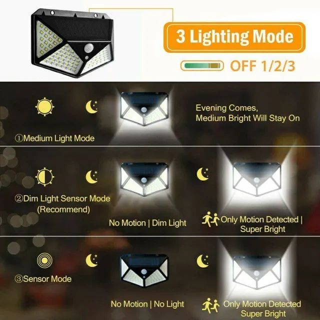 Luminária Solar Parede 100 Led 20W Sensor Presença Com 3 Funções - Foto 4