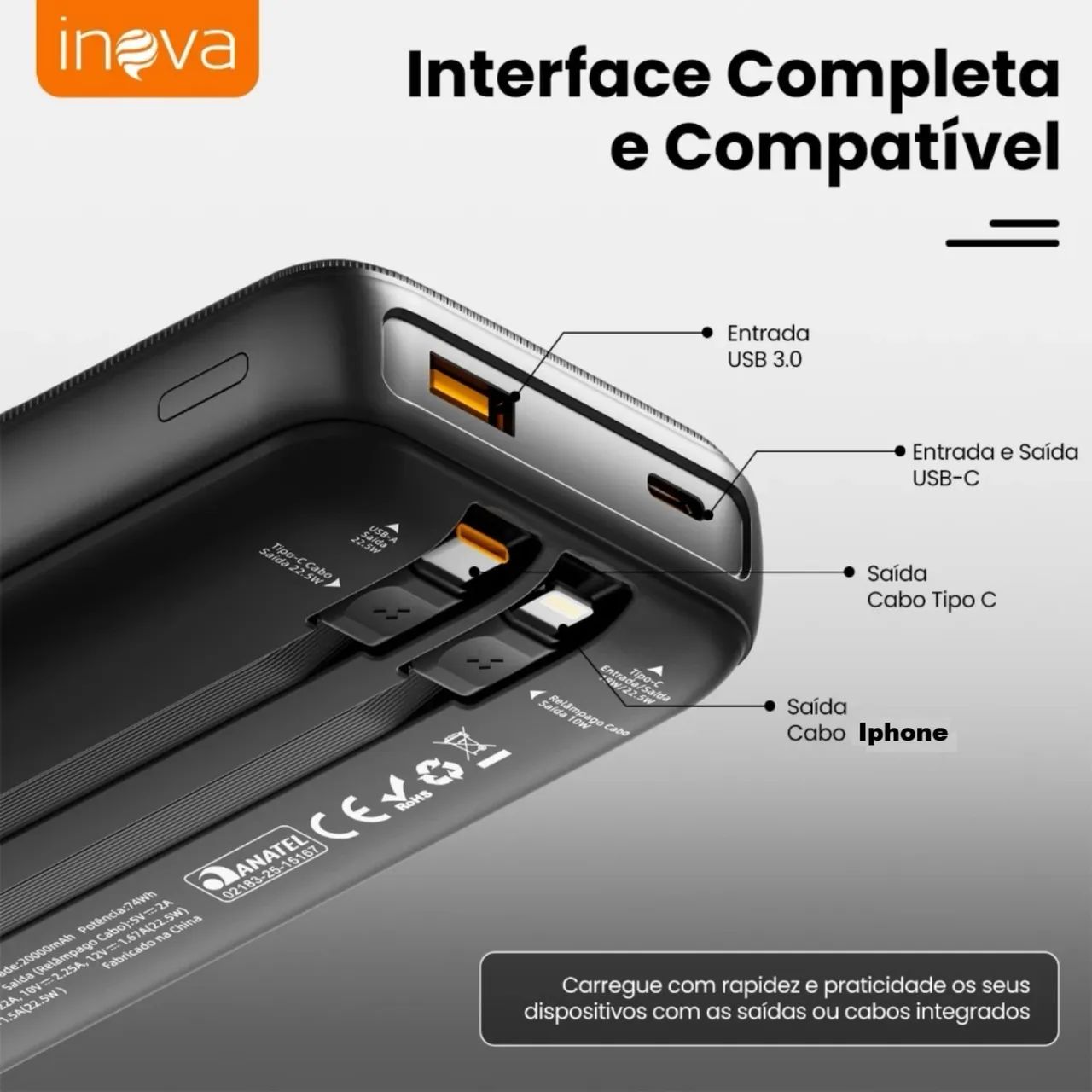 Power Bank 20.000mah super rápido 22.5w turbo com Cabo Tipo C e Lightning Produto Novo - Foto 5
