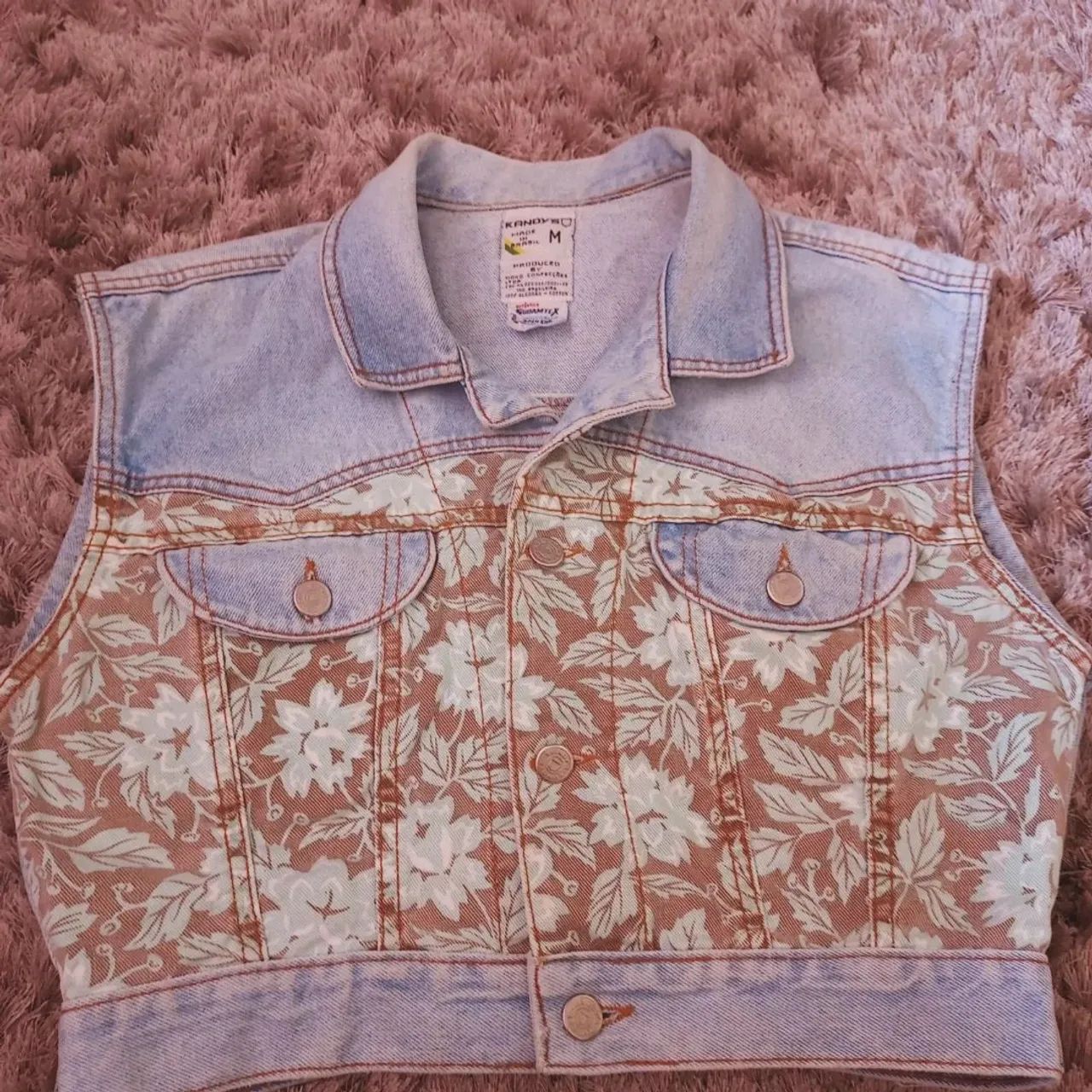 Colete croped Jeans Floral Vintage