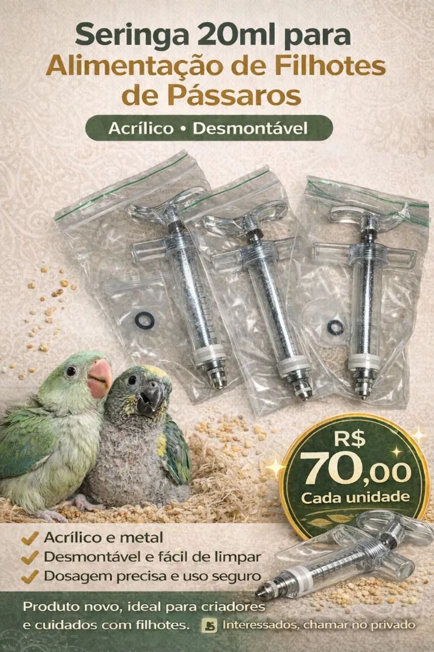 Seringa 20ml para Alimentação de Filhotes de Pássaros - Acrílico (Desmontável)