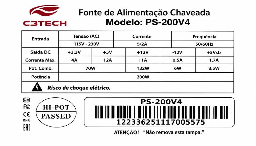 Fonte ATX C3Tech PS-200V4 200W Bivolt Original - Foto 2