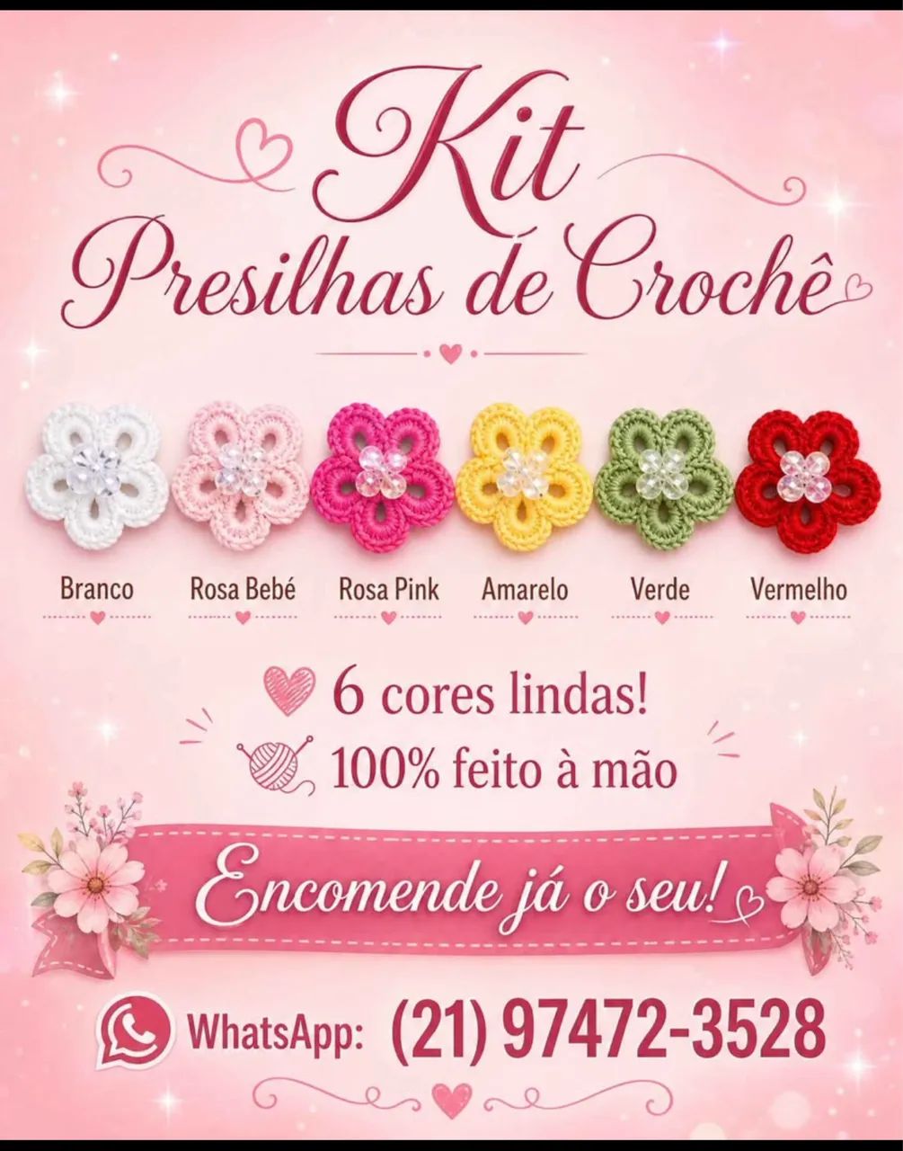 Kit 6 presilhas com flores de Croche e cristais - feitos a mão