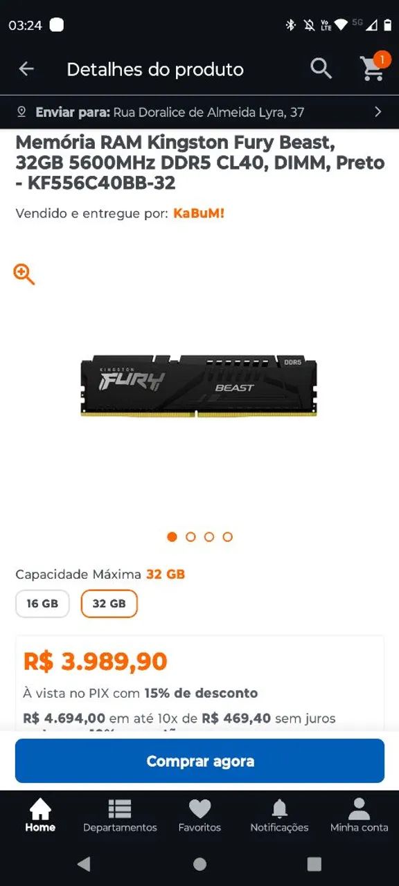 Memória ram ddr5 kf556c40bb-32