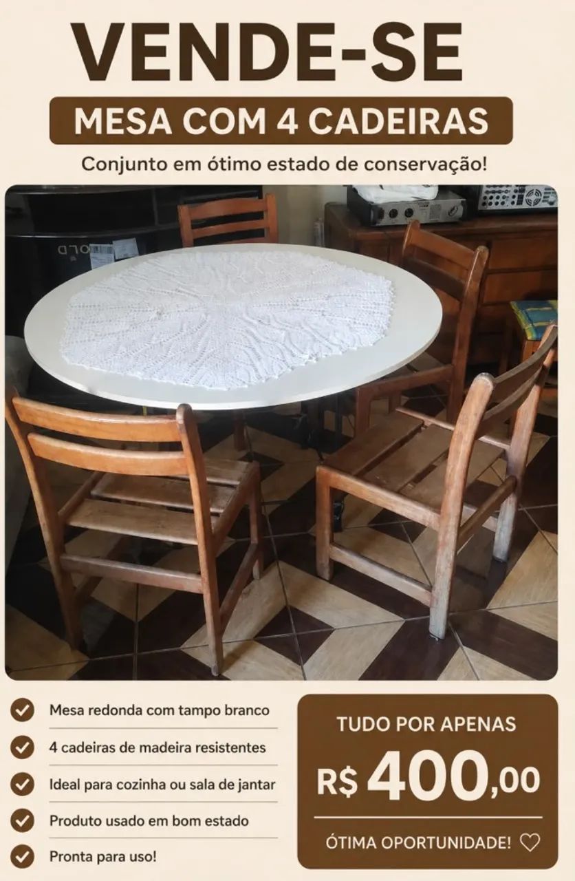 MESA DE JANTAR REDONDA 4 CADEIRAS 