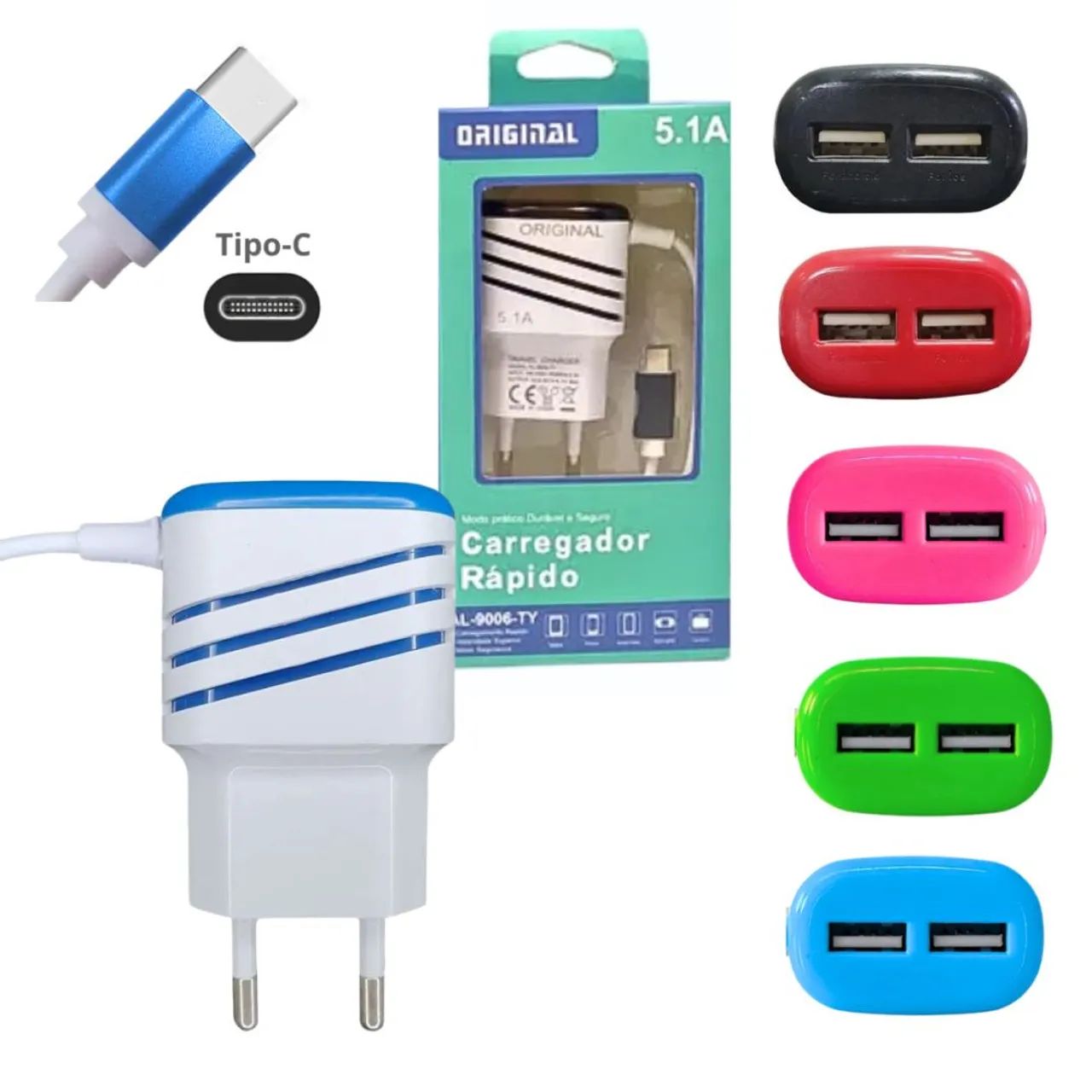 Carregador TIPO-C com 02 Portas USB 5.1A Cabo Fixo e Luz de Led