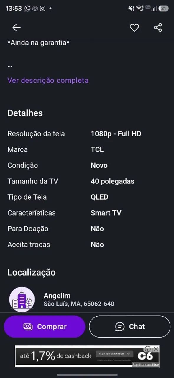 TV TCL SMART QLED 40 POLEGADAS / $ 1250 / 2 MESES DE USO COM NOTA FISCAL.