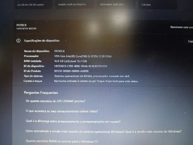 Notebook Vaio FE15 Core I5 1235U 16gb RAM