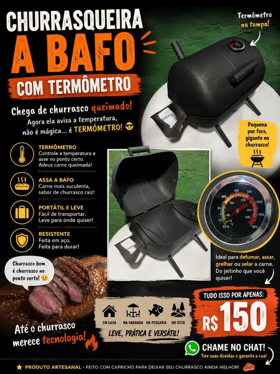 Churrasqueira a bafo com termômetro 