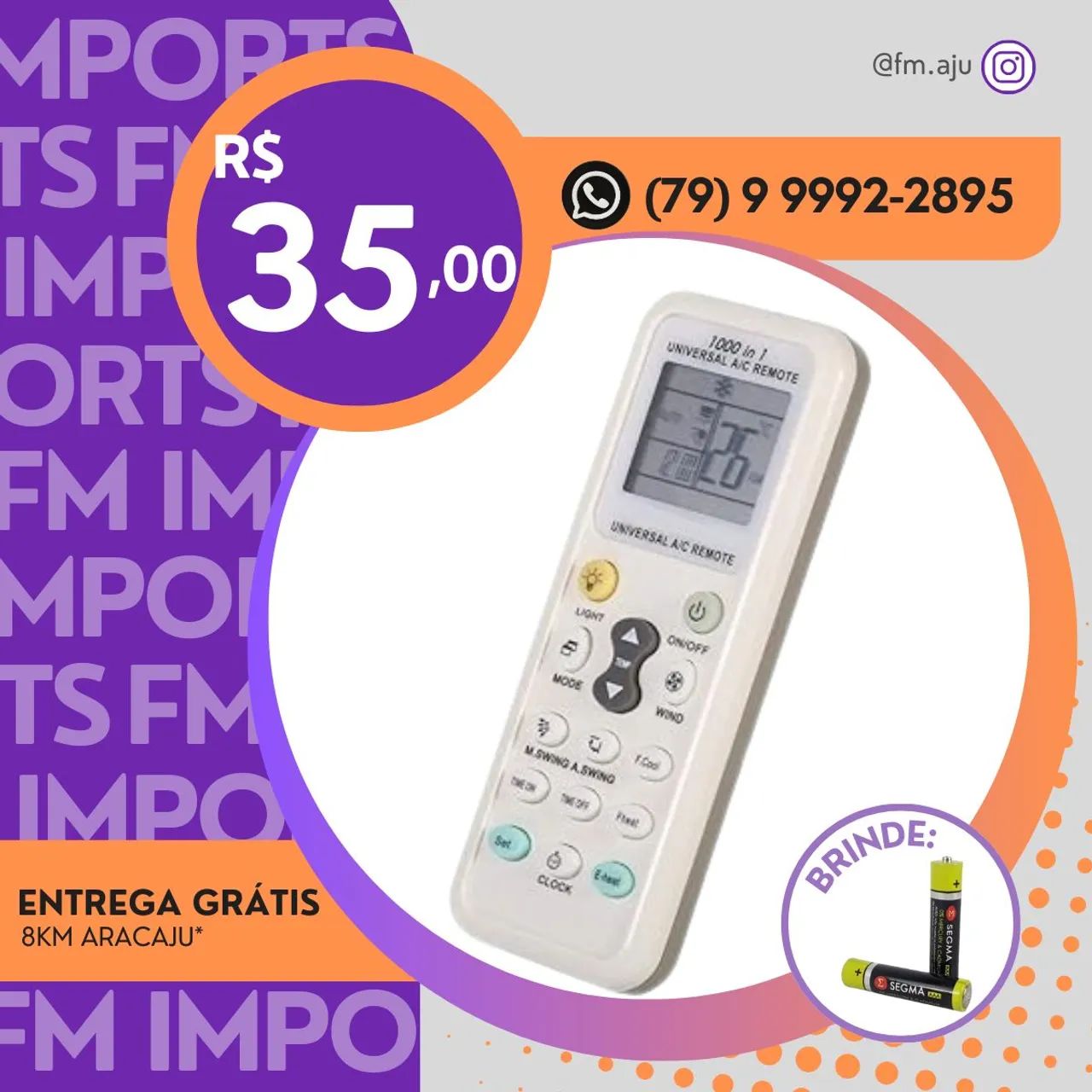Controle UNIVERSAL de Ar condicionado - Novo / Entrega Grátis 8km/ Garantia