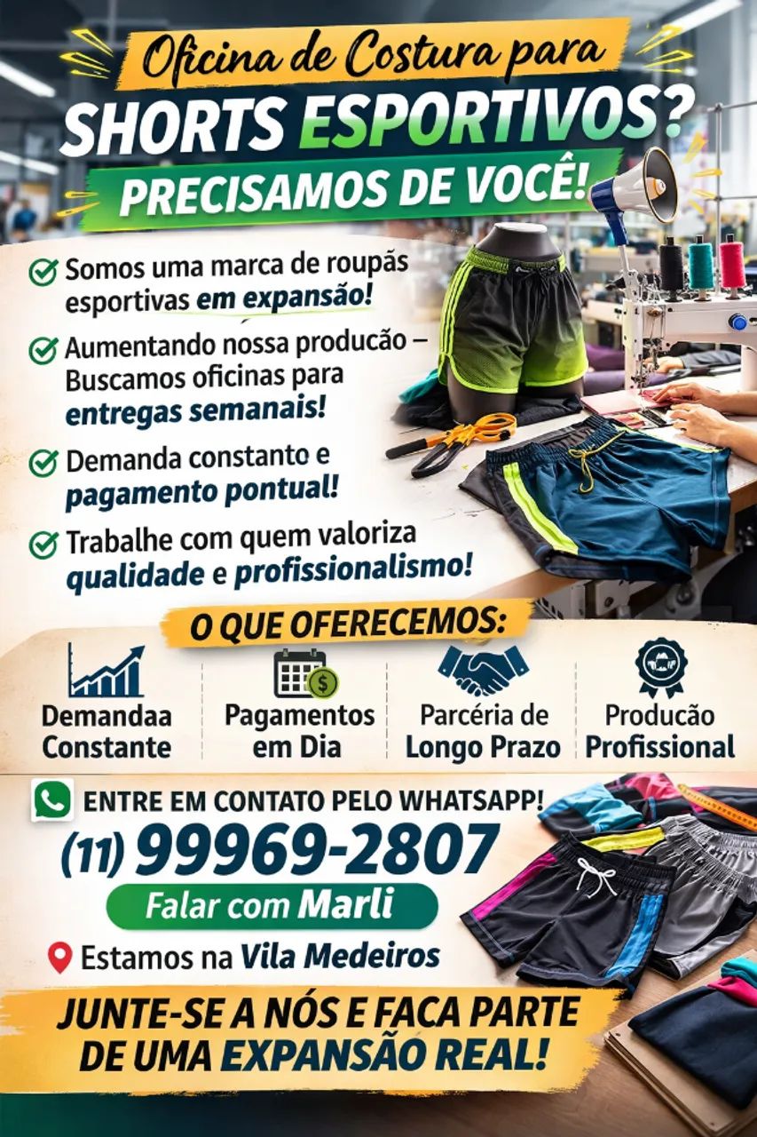 Precisa-se de Oficina de Costura para Shorts Masculino Esportivos