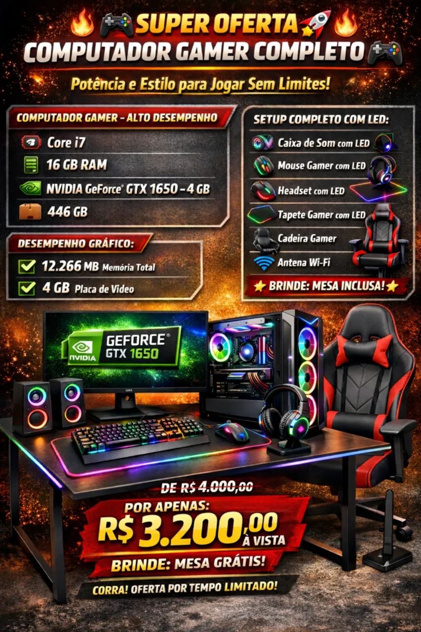 Computador Gamer Completo R$ 3.700,00 e 12x Sem juros