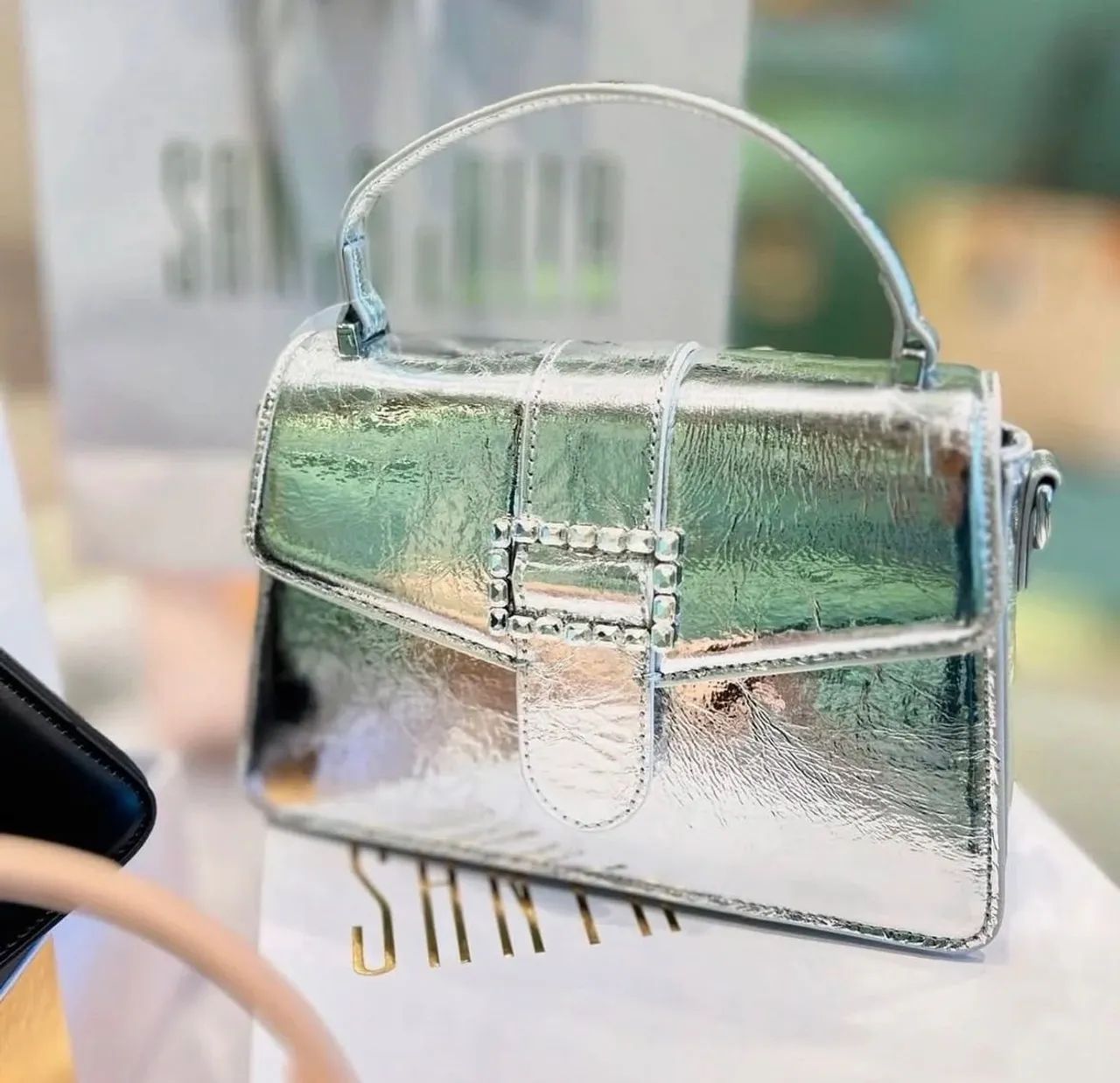 bolsa pequena prata metalizado crinkle fivela brilho