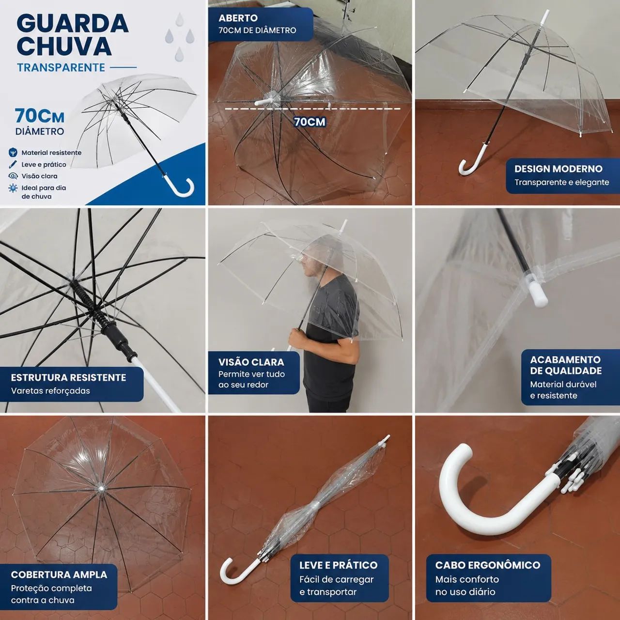 Guarda-Chuva Transparente 70cm Grande Resistente Cabo Branco - Foto 2